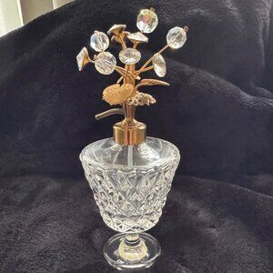 Antique Irice Crystal Perfume Bottle West Germany Rhinestone Beads Flower Gold